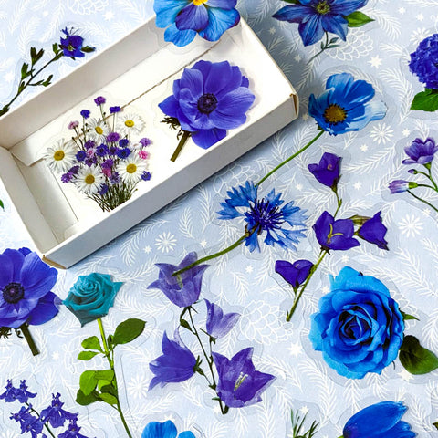 clear plastic sticker stickers flake flakes mini box of 20 40 blue lilac purple turquoise flower flowers floral bloom blooms garden spring stationery uk cute kawaii beautiful rose anemone daisy lavender planner supplies shop store