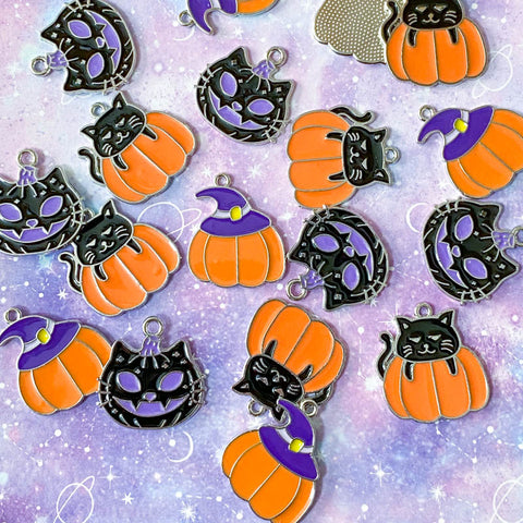 Sale! HALLOWEEN Silver Tone Metal Enamel Charm- CAT PUMPKIN WITCH