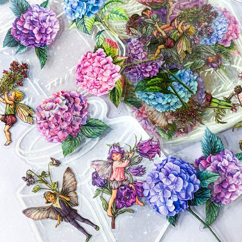 flower flowers fairy fairies sticker stickers clear plastic holo holograhic hydrangea pink lilac purple blue butterfly butterflies uk cute kawaii stationery planner supplies shop store addict beautiful bloom blooms sparkly glitter bottle bottles jar jars magical fairytale