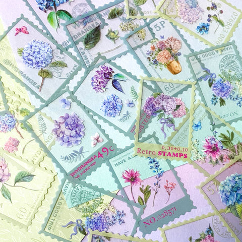 hydrangea flower flowers floral stamp stamps postage sticker stickers flake flakes pack 40 20 blue purple lilac pink garden stationery cute kawaii uk hydrangeas bloom blooms clear plastic pvc
