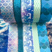 ocean mermaid blue turquoise green holographic glitter washi tape tapes 8mm 15mm rolls uk cute kawaii stationery marine scales teal holo pretty shimmery iridescent planner accessories mermaids scale roll