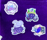 witch witchcraft magic wican magical sticker stickers die cut 10 set uk stationery crystals magic ball oracle tarot cards cauldron warlock shaped purple bright stars pagan spell spells book strange as above so below