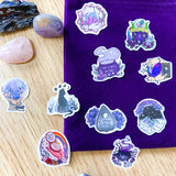 witch witchcraft magic wican magical sticker stickers die cut 10 set uk stationery crystals magic ball oracle tarot cards cauldron warlock shaped purple bright stars pagan spell spells book strange as above so below