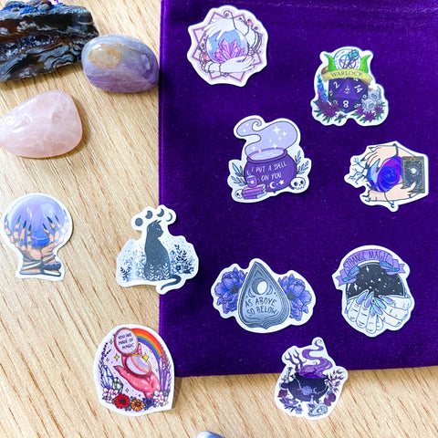 witch witchcraft magic wican magical sticker stickers die cut 10 set uk stationery crystals magic ball oracle tarot cards cauldron warlock shaped purple bright stars pagan spell spells book strange as above so below