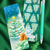 dark green fir tree trees christmas festive wood woodland scene art artistic hand made handmade bookmark bookmarks kawaii cute squirrel squirrels uk gift gifts pretty illustration double sided card lights