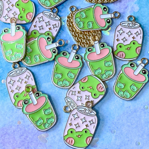 cute kawaii frog frogs gold tone metal enamel charm charms uk craft supplies drink drinks cup cups can cans pink green animal soda fun