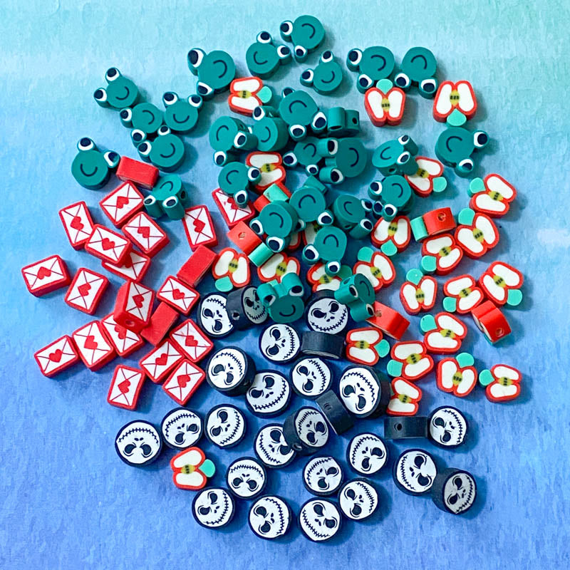 polymer clay bead beads uk cute kawaii craft supplies shop green frog frogs jack lantern halloween skull face red letter envelope apple apples