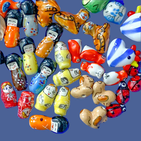 ceramic clay handmade painted glass bead beads owl matryoshka russian doll geisha tiger chicken dog puppy penguin bird skull uk cute kawaii craft supplies