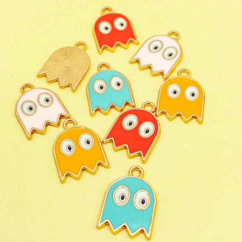 cute googly eye eyed funny ghost ghosts pac man pacman charm charms pendant gold tone metal enamel uk cute kawaii craft supplies halloween spooky orange red yellow blue pale pink