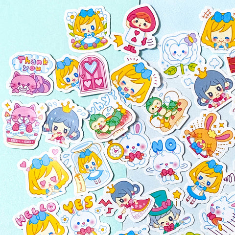 kawaii alice in wonderland through the looking glass sticker stickers flake flakes pack 40 cute kawaii stationery uk bunny rabbit white humpty dumpty mad hatter red queen hearts dormouse dodo nursery rhyme fairytale