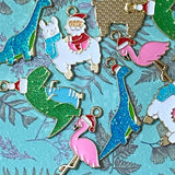 christmas festive glitter gold tone metal enamel charm charms pendant flamingo llama alpaca dino dinosaur dinosaurs green blue pink uk craft supplies cute kawaii