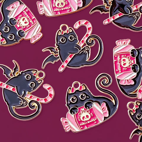 skull cat black cats halloween spooky bat bats enamel charm charms pendant large big uk cute kawaii craft supplies gold tone metal pink candy sweets cane wings
