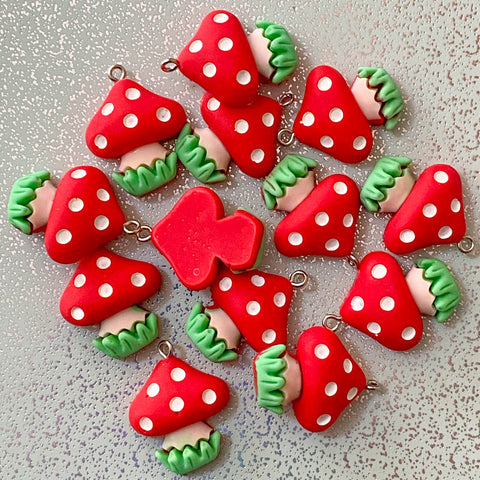 red and white mushroom mushrooms toadstool resin charm charms pendant pendants red white spots spotted kawaii cute craft supplies uk green grass chunky big autumn