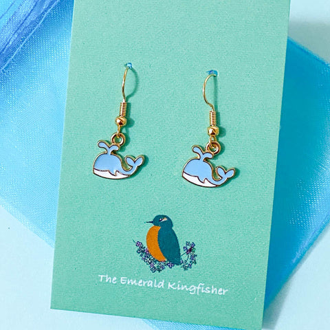 pale light blue whales gold plated gold handmade hand made earring earrings uk cute kawaii gift gifts dangly drop  whale golden pretty unique stocking filler