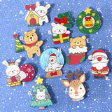 CHRISTMAS festive pin brooch badge badges acrylic cute kawaii gift gifts stocking filler uk snowglobe snowman bunny rabbit bear bears wreath rudolph deer tree present santa claus father