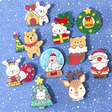 CHRISTMAS festive pin brooch badge badges acrylic cute kawaii gift gifts stocking filler uk snowglobe snowman bunny rabbit bear bears wreath rudolph deer tree present santa claus father