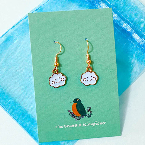 pale light blue happy cloud clouds kawaii smiling little small gold plated gold handmade hand made earring earrings uk cute kawaii gift gifts dangly drop golden pretty unique stocking filler