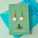 pale light happy cloud clouds kawaii smiling little small pink gold plated gold handmade hand made earring earrings uk cute kawaii gift gifts dangly drop golden pretty unique stocking filler