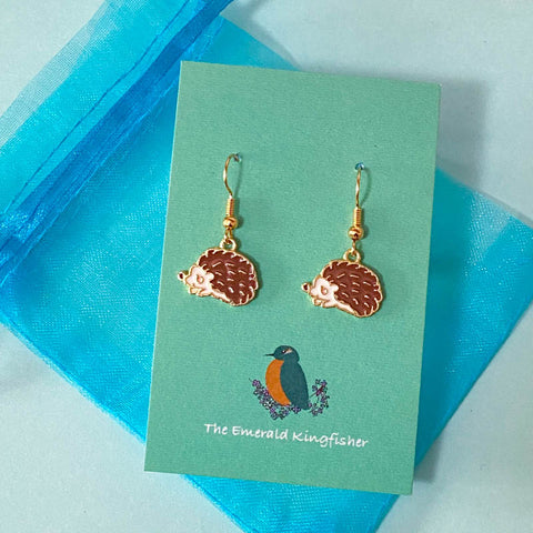 brown woodland hedgehog hedgehogs forest   kawaii  gold plated gold handmade hand made earring earrings uk cute kawaii gift gifts dangly drop golden pretty unique stocking filler nature animals