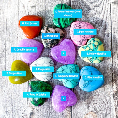 worry stone pocket stones gemstone gem hug comfort worry palm hand heart hearts shape shaped uk cute kawaii gift gifts magical amethyst howlite rhodonite serpentine ruby in zoisite red jasper magnesite crackle quartz green obsidian glass stocking filler fillers crackle quartz tiger's eye unakite dyed aventurine unakite lapis lazuli