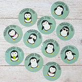 penguin penguins thank you thanks mint green pale turquoise aqua blue small round sticker stickers packaging supplies uk cute kawaii 25mm set of 8 happy fun pretty kids stationery