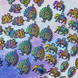 rainbow titanium metal alloy charm charms pendant colours bright dark deep ombre elephant elephants owl owls flying sitting small large peacock peacocks uk craft supplies shop cute kawaii bright