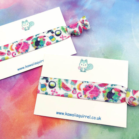 tropical summer flamingo and toucan bird hair tie handmade hand made uk craft gift gifts bow bows accessory pink pretty fruit end tied elastic band