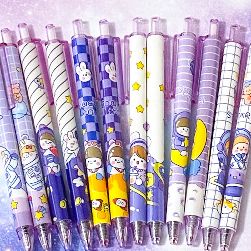 pastel lilac blue purple yellow galaxy starry sky pen pens space theme themed spaceman astronaut stars planet spaceship rocket rabbit bunny bear cat click fineline gel black ink uk cute kawaii stationery planner supplies gift gifts