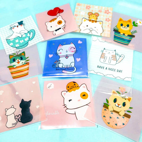 cat cats cello cellophane bag bags plastic treat kitty kitten kawaii packaging bundle bundles assorted designs flowerpot flower pot cup mug uk packing supplies