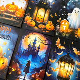 magic magical kawaii cute colourful bright vivid postcard postcards individual single card cards post beautiful uk stationery shop halloween spooky pumpkin pumpkins witch witches bat bats haunted house lantern lights orange blue special