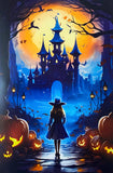 magic magical kawaii cute colourful bright vivid postcard postcards individual single card cards post beautiful uk stationery shop halloween spooky pumpkin pumpkins witch witches bat bats haunted house lantern lights orange blue special
