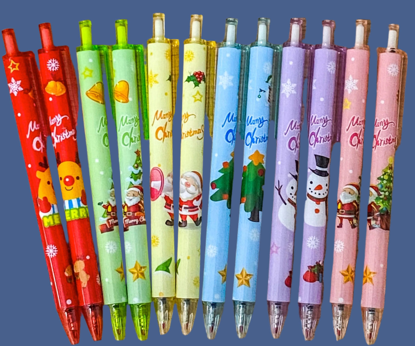 black ink pen pens gel click fineline fine line xmas christmas festive cute kawaii stationery stocking filler fillers kids gift gifts santa reindeer rudolph snowman tree pink red blue yellow green lilac