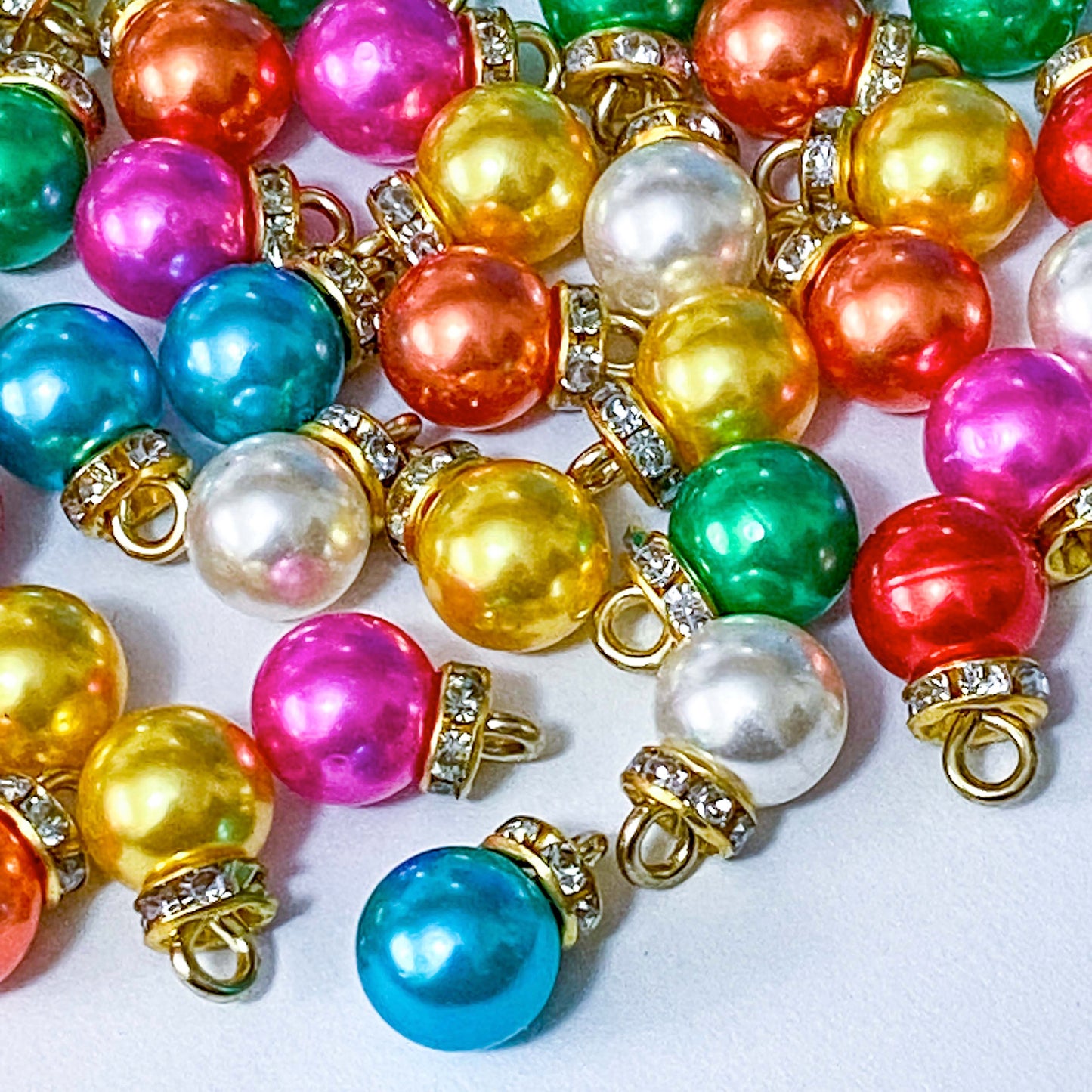pearl pearly bauble charm charms acrylic rhinestone rhinestones sparkly blue yellow gold green white red pink orange christmas festive baubles sparkly uk cute kawaii craft supplies shop store