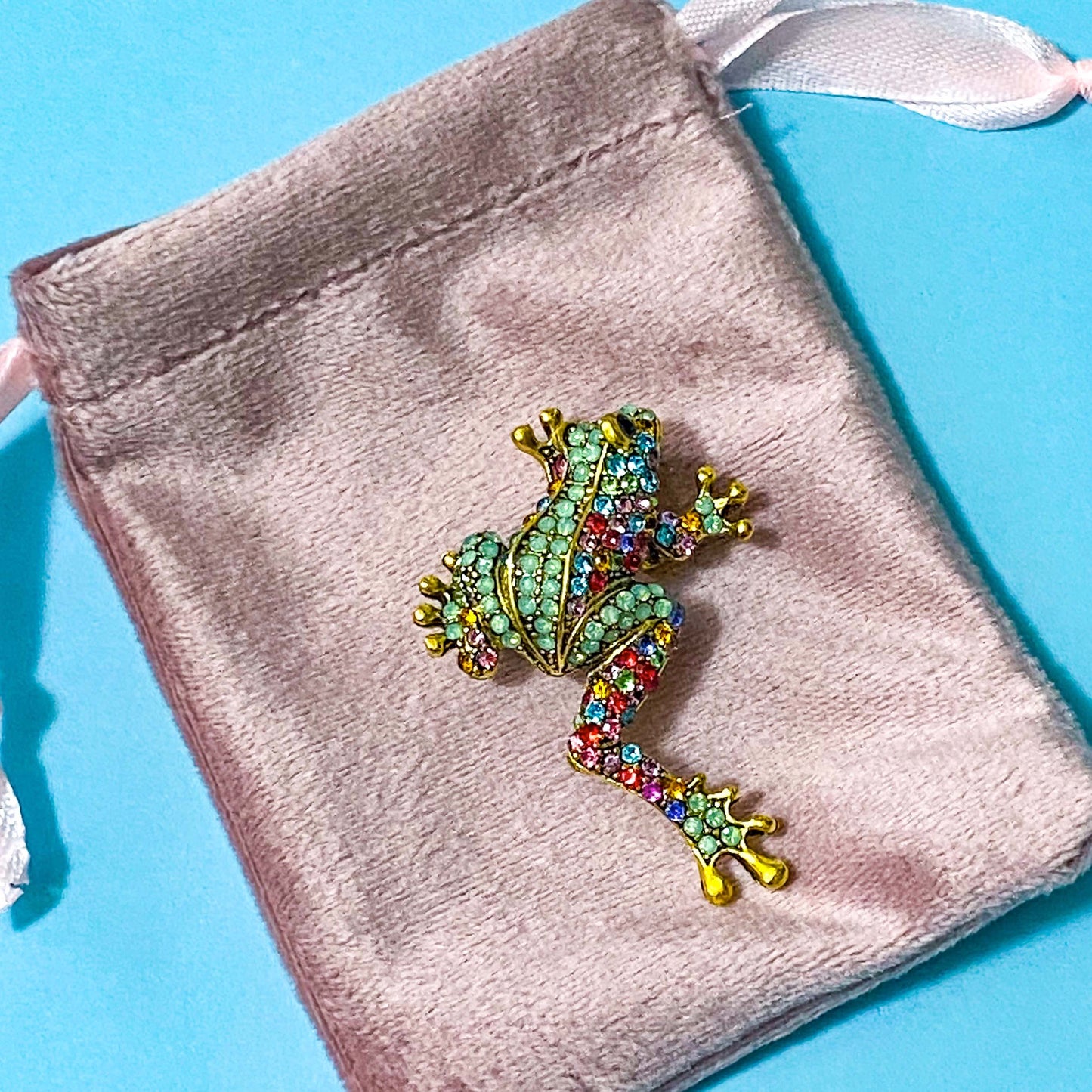 Colorful frog-shaped brooch on a pink velvet bag against a blue background