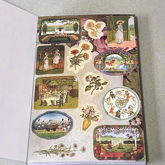 vintage old carnival tour sticker book featuring botanical roses, mushrooms, woodland animals, antique ephemera, correspondence stickers, fruit labels, Parisian motifs and cottage garden illustrations. Book of 30 pages of matte paper stickers.