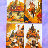 cute kawaii spooky halloween postcard postcards post card cards uk orange sepia vintage retro vibes set of 4 cat cats pumpkin pumpkins haunted house houses
