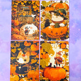 cute kawaii spooky halloween postcard postcards post card cards uk orange sepia vintage retro vibes set of 4 cat cats pumpkin pumpkins haunted house houses