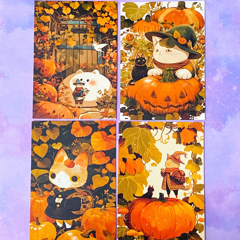 cute kawaii spooky halloween postcard postcards post card cards uk orange sepia vintage retro vibes set of 4 cat cats pumpkin pumpkins haunted house houses