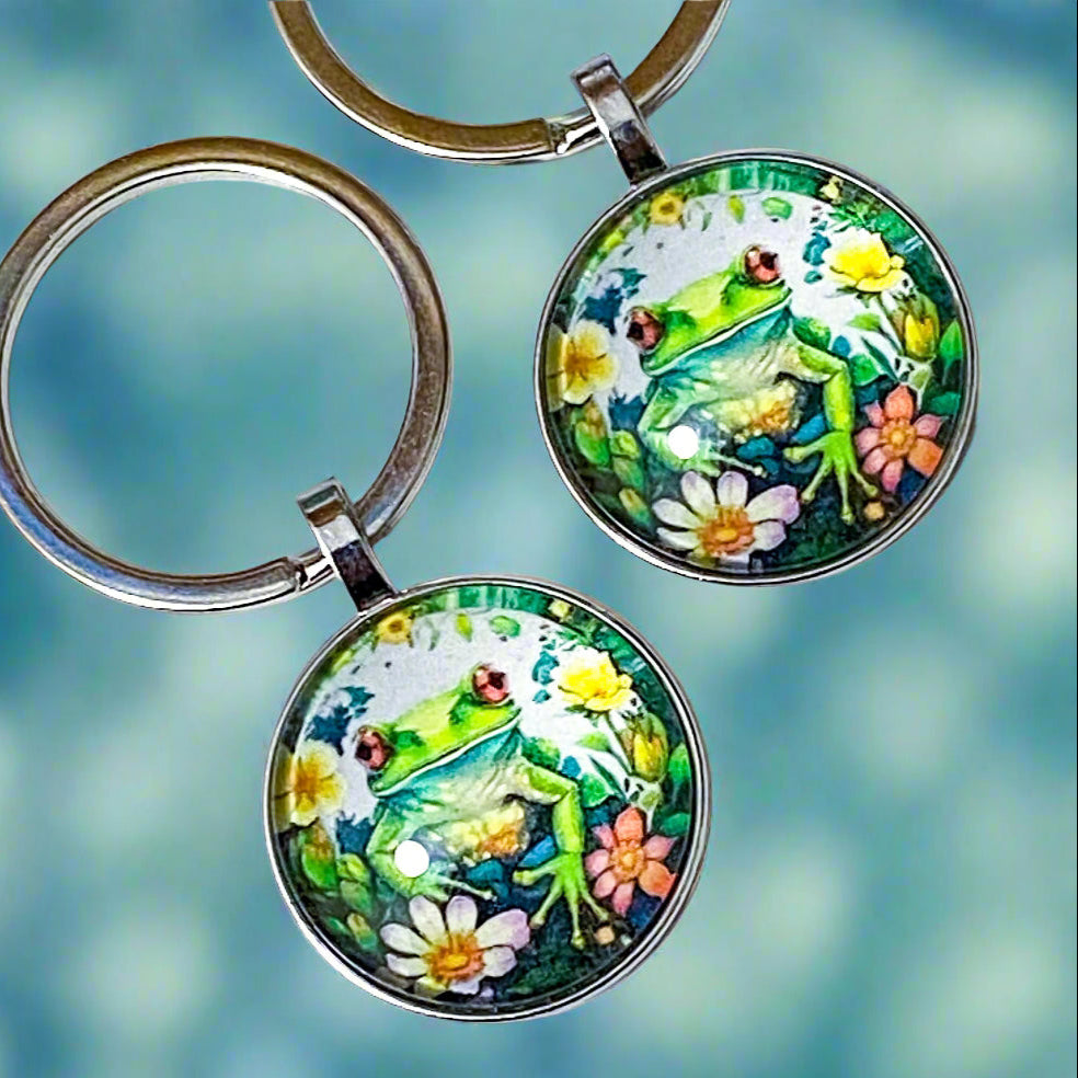frog glass cabochon keyring keychain big large round silver metal cute kawaii gift gifts shop store key ring bag charm chain rings stationery present