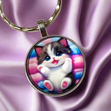 cat cats kitty kitten glass cabochon domed key ring keyring keyrings keychain uk cute kawaii gift gifts shop store present stocking filler round bezel silver metal