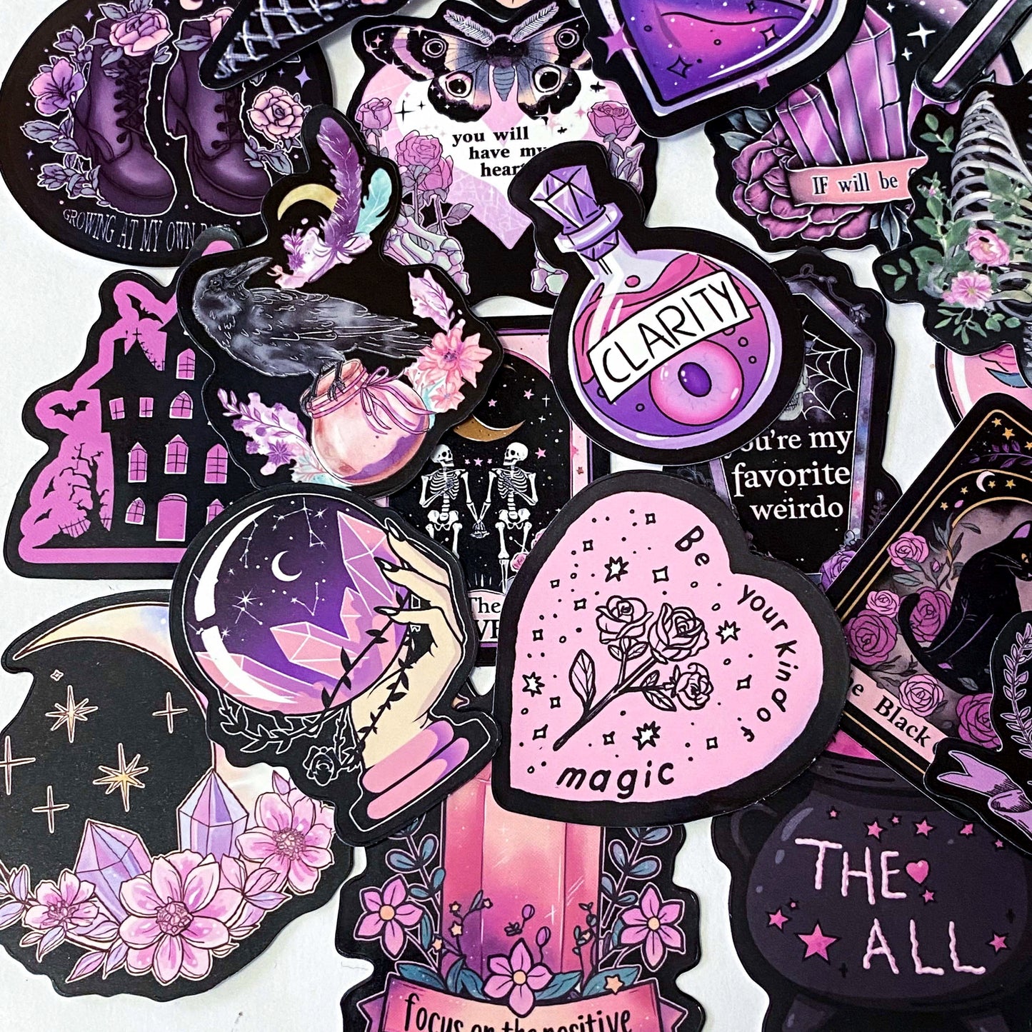 creepy cute spooky pink black purple halloween laptop sticker stickers set uk cute kawaii fun colourful skull skulls witch witches ribs potion bottle coffin coffins moth ghost ghosts cat black cats raven ravens crow crystal crystals moon moons haunted house skeleton skeletons