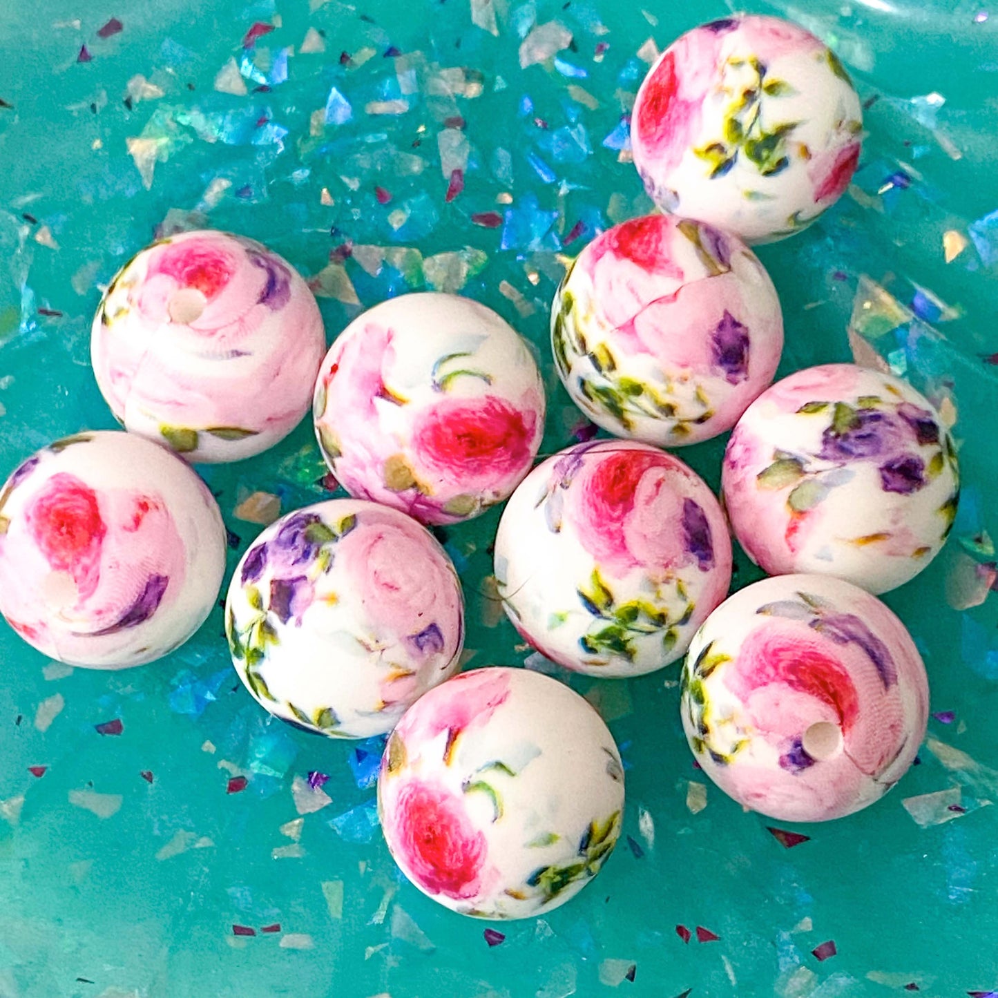floral flower print pattern bead beads large jumbo big 15mm 16mm silicone soft touch uk cute kawaii pretty beaded pen pens jewellery making craft supplies shop yellow pink cerise aqua lilac flowers round