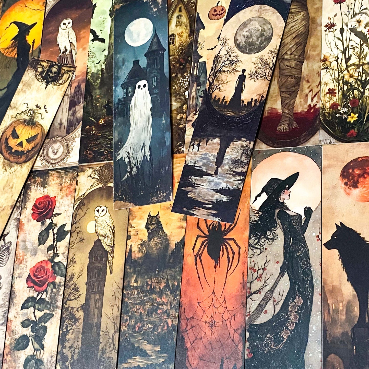 vintage sepia subtle colour halloween card bookmark bookmarks cardboard set of 5 uk cute kawaii craft supplies stationery shop store planner addict addicts spooky ghost witch haunted house spider moon wolf haunted skeleton pumpkin mummy