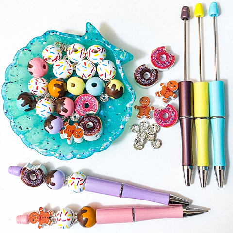 build your own topper pen bead beads beaded kit pens yellow aqua blue turquoise brown pink cute kawaii donut donuts gingerbread men man cookies food foods uk sparkly iced sprinkles treat treats