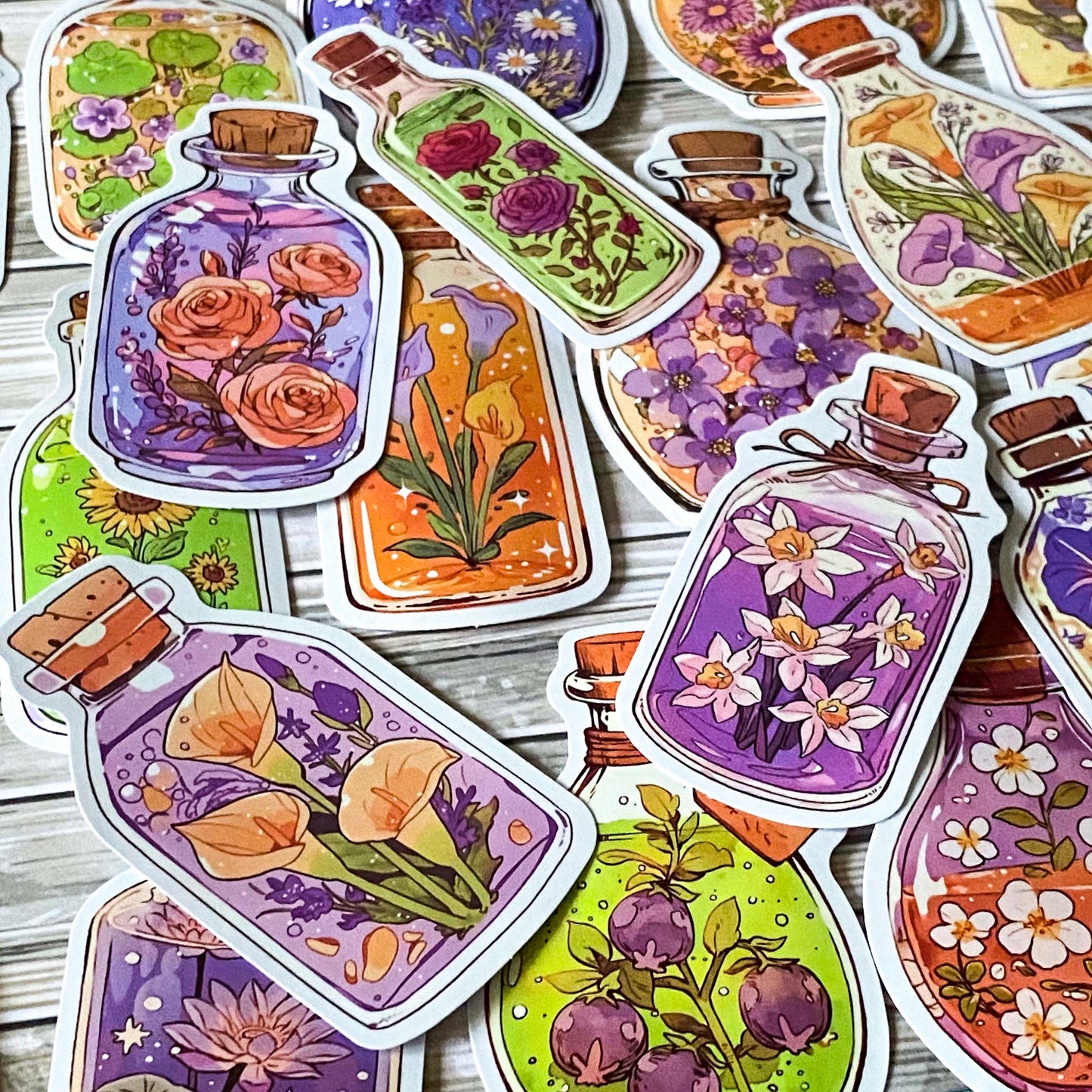 botanical potion bottle stickers with flowers in glass jars, floral vintage apothecary glossy laptop sticker set