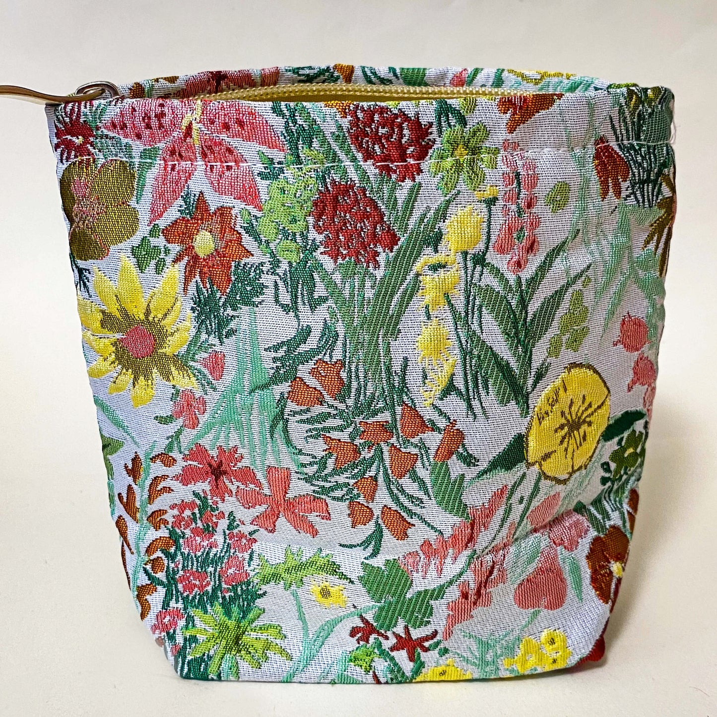 MEADOW WALK Small Premium Tapestry BUCKET Pouch | Wildflowers Lined Cosmetic Bag