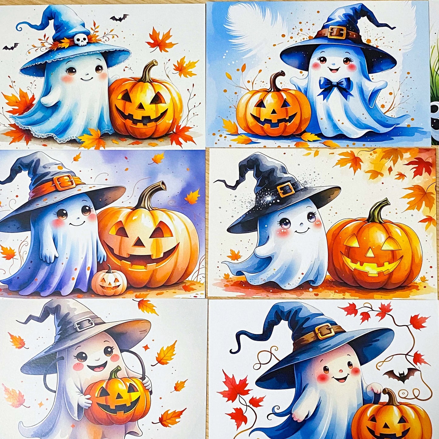 kawaii pumpkin witch witches ghost ghosts cute cards postcard postcards uk stationery halloween bundle of 4 orange purple blue black and white glossy card set planner supplies spooky