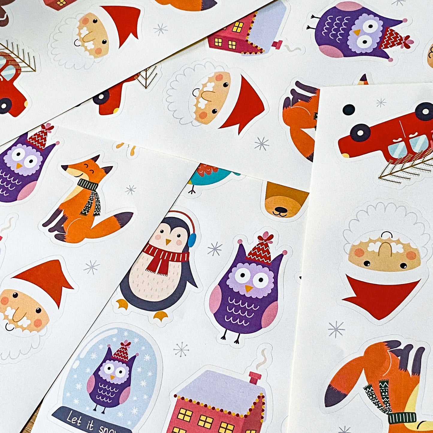 christmas festive large glossy sticker stickers sheet of 12 retro vintage vibes uk cute kawaii stationery planner addict supplies packaging seal seals fox gingerbread man snow globe owl owls penguin penguins bright colourful car house reindeer