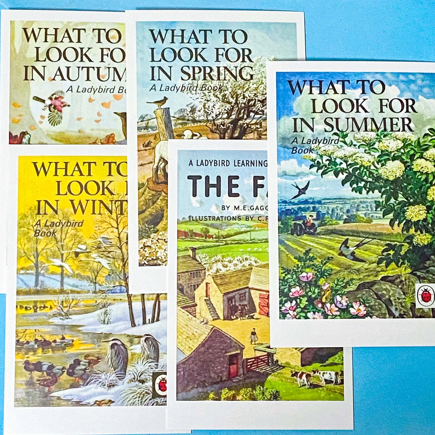 vintage ladybird nature postcard bundle featuring seasonal countryside illustrations from classic ladybird books