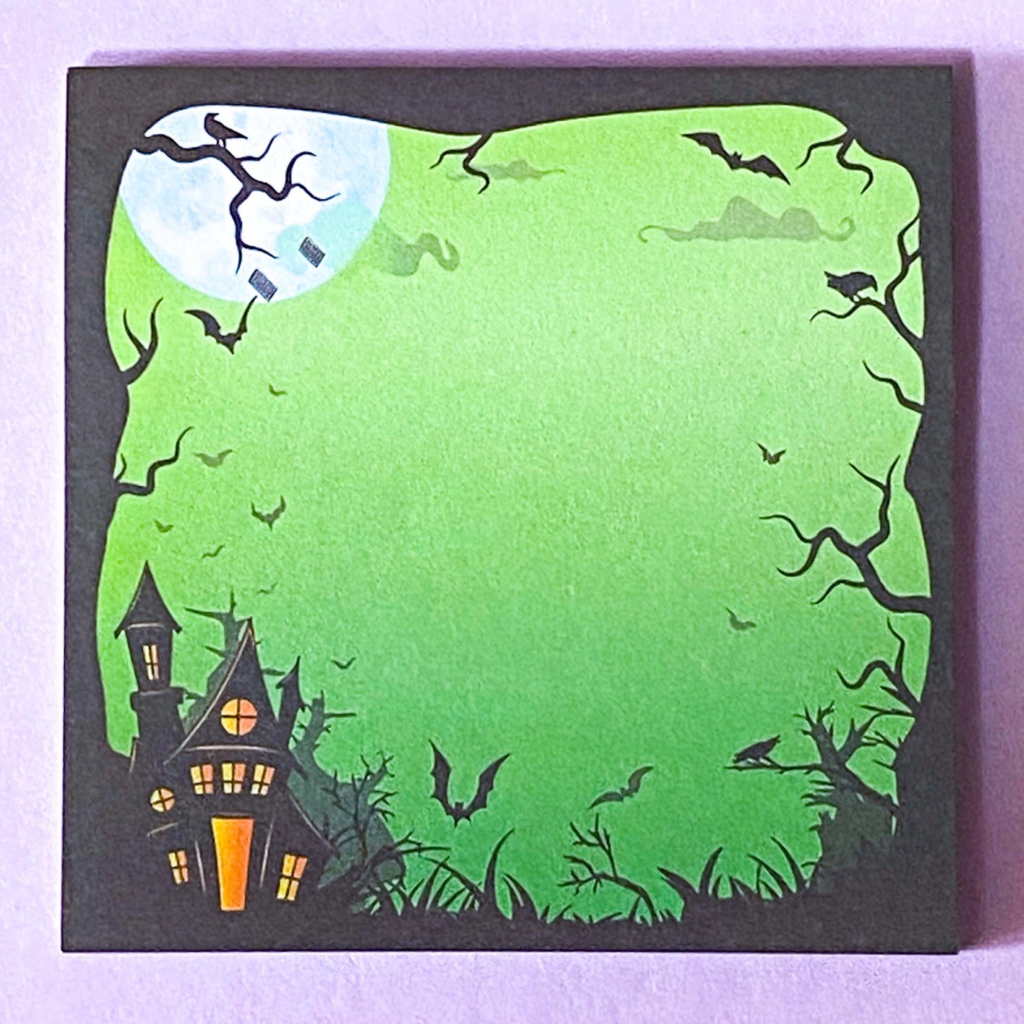 sticky memo memos pad note notes square 40 sheet sheets spooky halloween colouful bright green yellow orange lilac purple blue silhouette scary gift gifts stationery shop store uk cute kawaii planner addicts